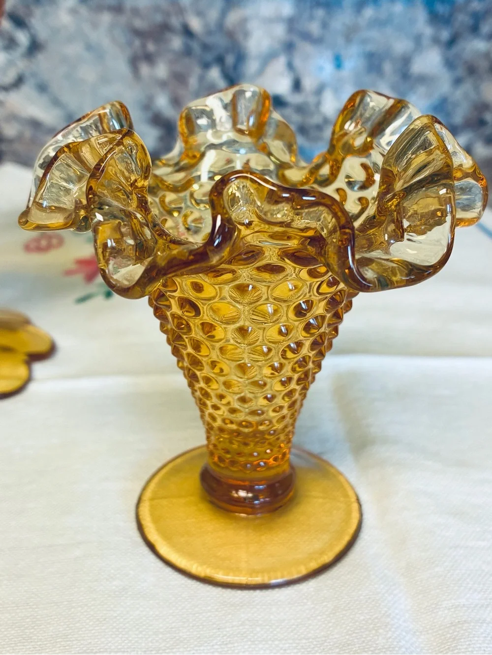 Amber Ruffled Hobnail Compote and Vase - Set